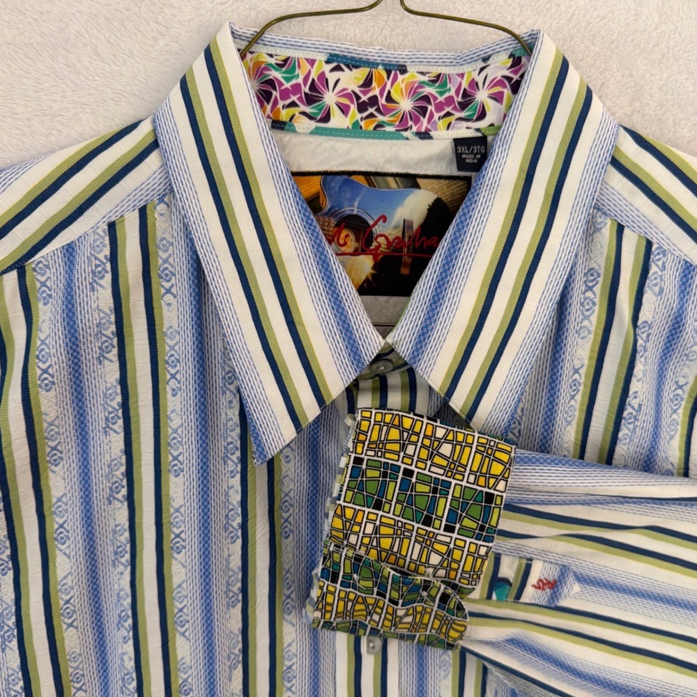 Robert Graham Mens 3XL Blue Green Striped Embroidered Long Sleeve Button Shirt